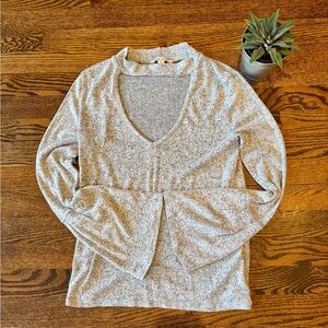 Grey Deep V-Neck Top with Chocker Neckline and Bell Sleeves. Size: Small